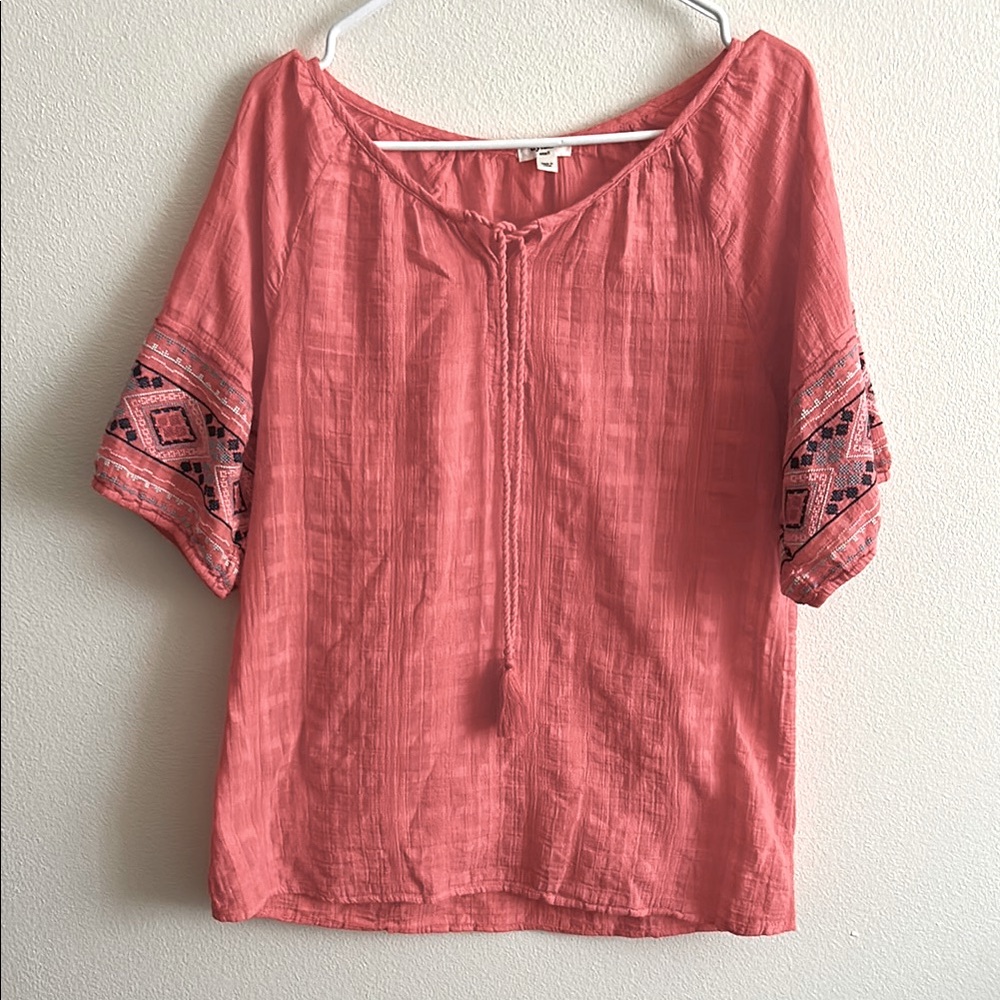 Dylan Boho Peasant Short Sleeve Tie Front Embroidered Sleeves Tunic Top